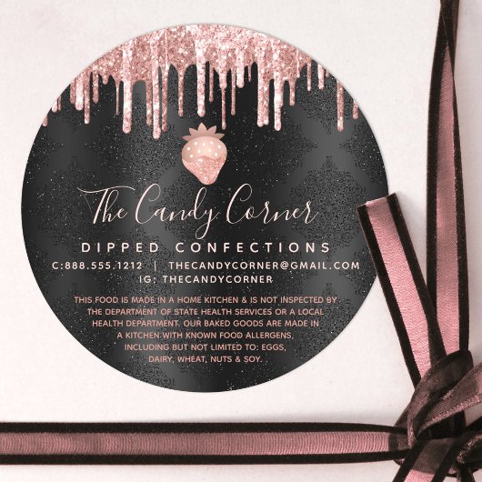 Rosa Rose Gold Erdbeere Glitzer Tropfen Schwarz Re Runder Aufkleber