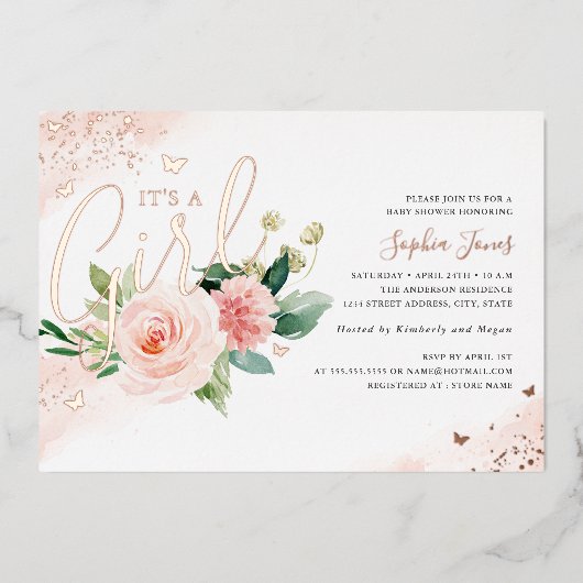 Rosa Rose Gold Es ist eine Girl Baby Dusche Folieneinladung (Vorderseite)