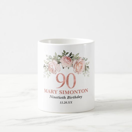 Rosa Rose Gold Floral 90. Geburtstag Kaffeetasse (Mittel)