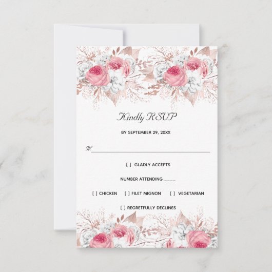 Rosa Rose Gold Floral Elegante Hochzeit RSVP Karte (Vorderseite)