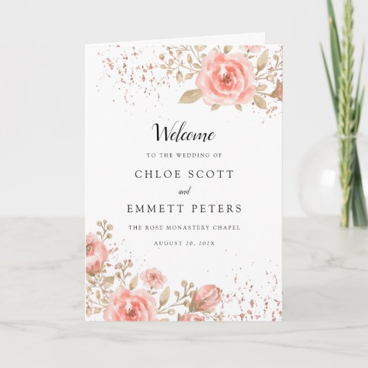 Rosa Rose Gold Floral Wedding Booklet Programm (Vorderseite)