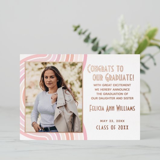 Rosa Rose Gold Foil Abschluss Ankündigung (Stehend vorne)