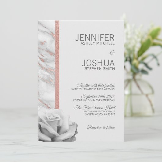 Rosa-Rose-Gold-Foil-Marmor Grau-Hochzeit Einladung (Stehend Vorderseite)