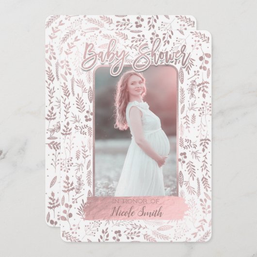 Rosa Rose Gold Foil Modernes Baby Dusche Foto Einladung (Vorne/Hinten)