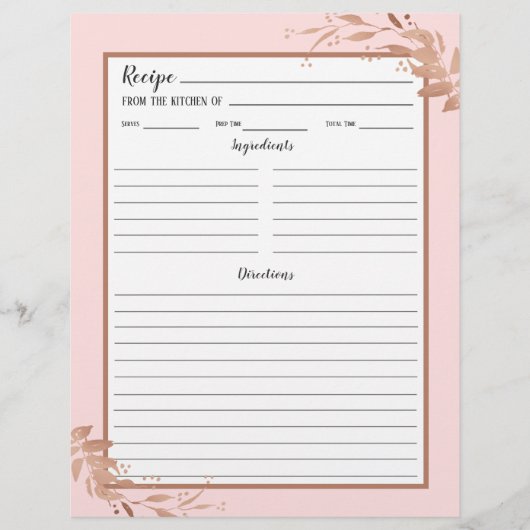 Rosa Rose Gold Foliage Recipi Binder Page (Vorderseite)