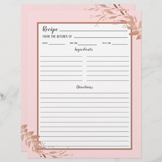 Rosa Rose Gold Foliage Recipi Binder Page (Vorne/Hinten)