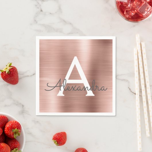 Rosa Rose Gold Girly Foil Monogram Birthday Serviette (Beispiel)
