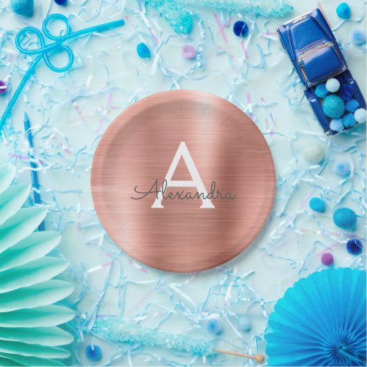 Rosa Rose Gold Girly Metallic Monogram Birthday Pappteller (Party)