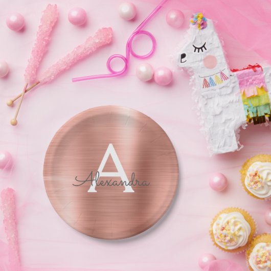 Rosa Rose Gold Girly Metallic Monogram Birthday Pappteller (Party)