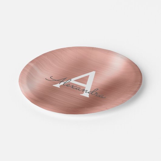 Rosa Rose Gold Girly Metallic Monogram Birthday Pappteller (Schrägansicht)