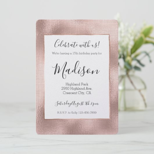 Rosa Rose Gold Glam Chic Geburtstag Einladung (Stehend Vorderseite)