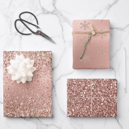 Rosa Rose Gold Glam Glitzer Snowflake Geschenkpapier Set (Vorderseite)