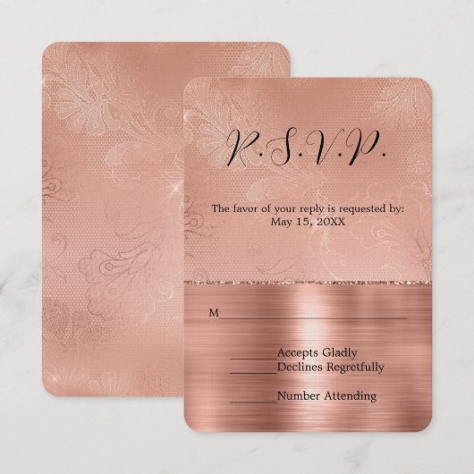 Rosa Rose Gold Glam Lace Wedding RSVP Karte (Vorne/Hinten)