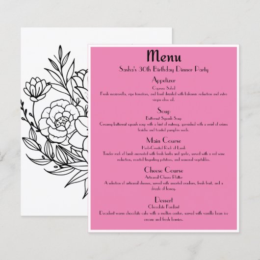 Rosa Rose Gold Glam Party Menü (Vorne/Hinten)