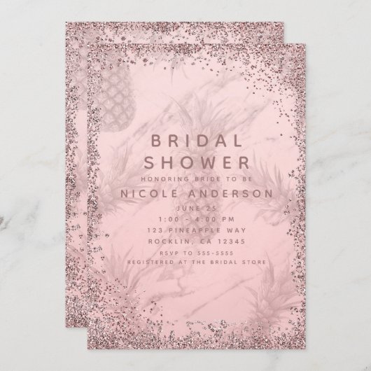 Rosa Rose Gold Glitzer Ananas Brautparty Einladung (Vorne/Hinten)