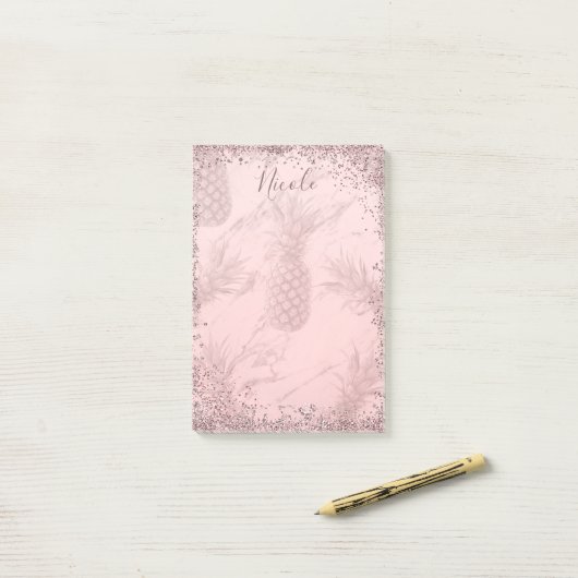 Rosa Rose Gold Glitzer Ananas Tropischer Chic Post-it Klebezettel (Auf Schreibtisch)