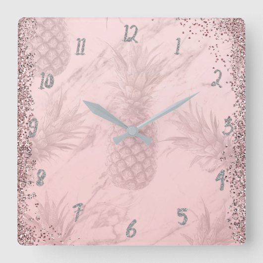 Rosa Rose Gold Glitzer Ananas Tropischer Chic Quadratische Wanduhr (Vorderseite)