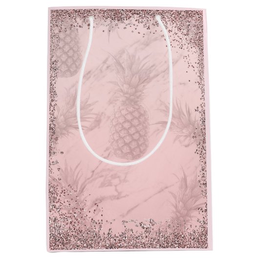 Rosa Rose Gold Glitzer Ananas Tropisches Party Mittlere Geschenktüte (Vorderseite)