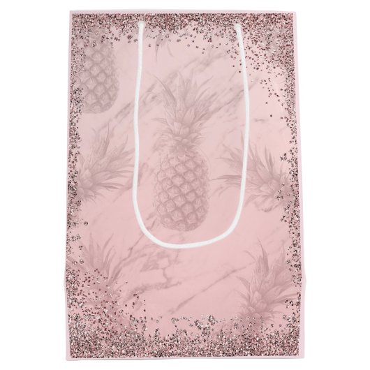 Rosa Rose Gold Glitzer Ananas Tropisches Party Mittlere Geschenktüte (Rückseite)