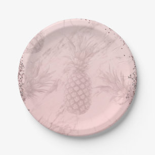 Rosa Rose Gold Glitzer Ananas Tropisches Party Pappteller