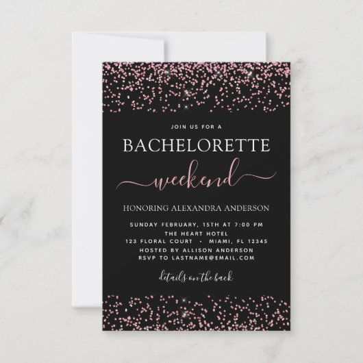 Rosa Rose Gold Glitzer Bachelorette Wochenende Par Einladung (Vorderseite)