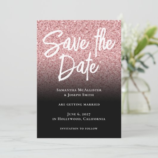 Rosa Rose Gold Glitzer Black Ombre Save The Date (Stehend Vorderseite)