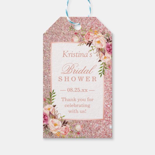 Rosa Rose Gold Glitzer Blumengefälligkeit Brautpar Geschenkanhänger (Vorderseite)