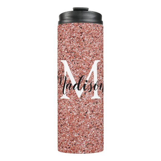 Rosa Rose Gold Glitzer Chic Monogram Name Thermosbecher (Vorderseite)