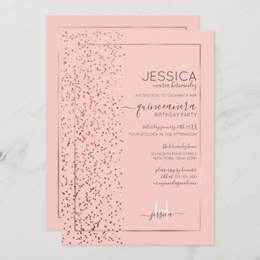 Rosa Rose Gold Glitzer Confetti Side Quinceañera Einladung (Vorne/Hinten)