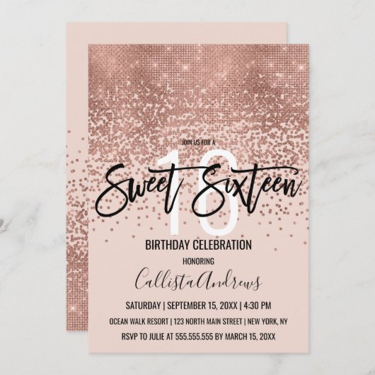 Rosa Rose Gold Glitzer Confetti Sweet 16 Einladung (Vorne/Hinten)