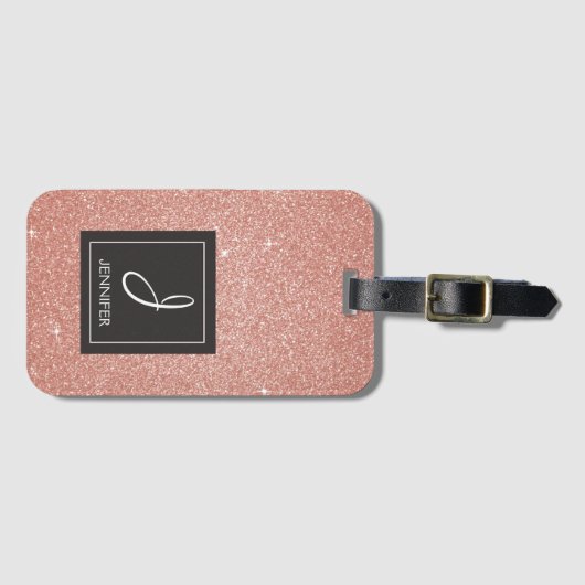 Rosa Rose Gold Glitzer Elegante Monogram Gepäckmar Gepäckanhänger (Vorderseite (Horizontal))