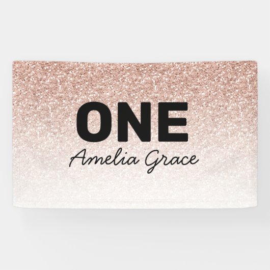 Rosa Rose Gold Glitzer Erster Geburtstag Name Banner (Horizontal)