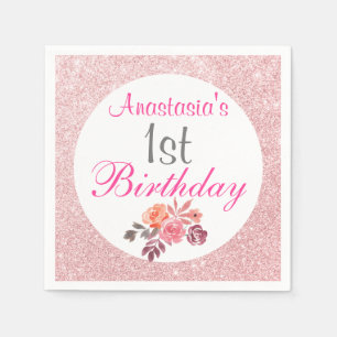 Rosa Rose Gold Glitzer Floral 1. Geburtstag Serviette