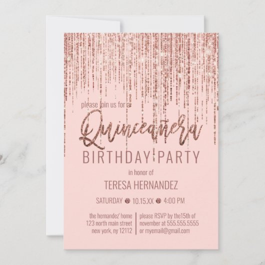 Rosa Rose Gold Glitzer Fringe Vorhang Quinceañera Einladung (Vorderseite)