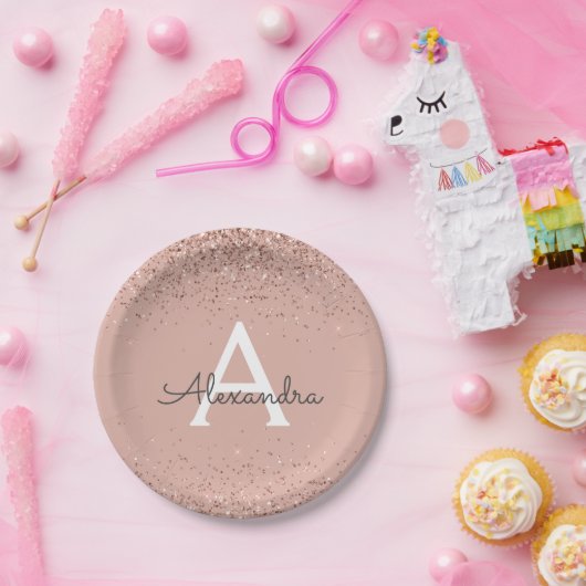 Rosa Rose Gold Glitzer Girly Monogram Birthday Pappteller (Party)
