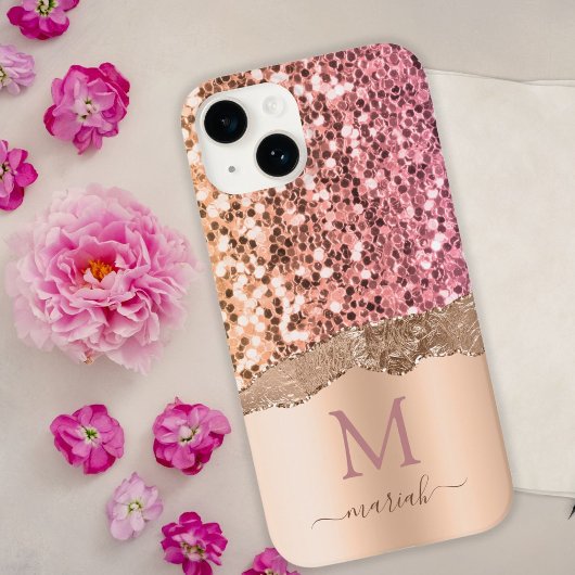 Rosa Rose Gold - Glitzer Initialen Modernes Monogr Case-Mate iPhone Hülle
