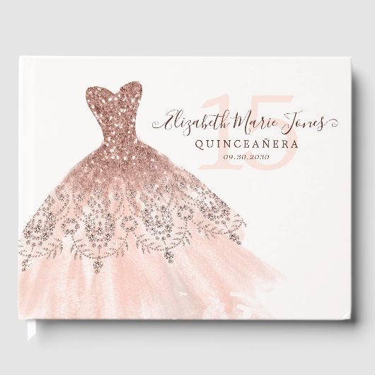Rosa Rose Gold Glitzer Kleid QUINCEAÑERA Geburtsta Gästebuch (Vorderseite)