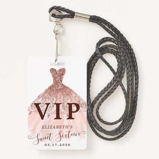 Rosa Rose Gold Glitzer Kleid Sweet 16 VIP Geburtst Ausweis (Vorderseite mit Schlüsselband)