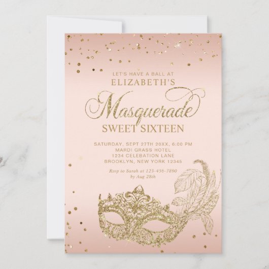 Rosa Rose Gold Glitzer Masquerade Sweet 16 Einladung (Vorderseite)