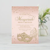 Rosa Rose Gold Glitzer Masquerade Sweet 16 Einladung (Stehend Vorderseite)
