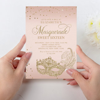 Rosa Rose Gold Glitzer Masquerade Sweet 16 Einladung
