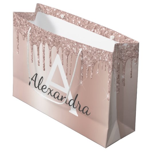 Rosa Rose Gold Glitzer Mit Monogramm Chic Große Geschenktüte (Vorderseite Schrägansicht)