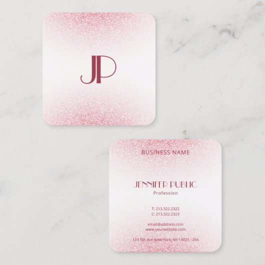 Rosa Rose Gold Glitzer Modernes, elegantes Monogra Quadratische Visitenkarte (Vorne/Hinten)
