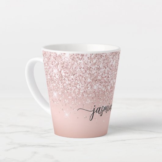 Rosa Rose Gold Glitzer Monogram Name Milchtasse (Linke Ecke)
