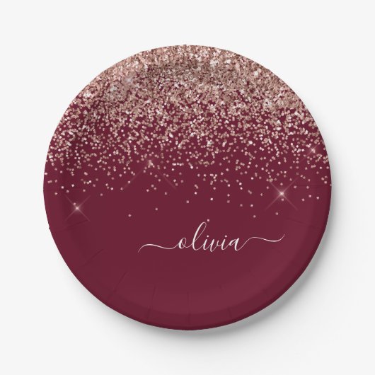 Rosa Rose Gold Glitzer Monogram Pappteller (Vorderseite)