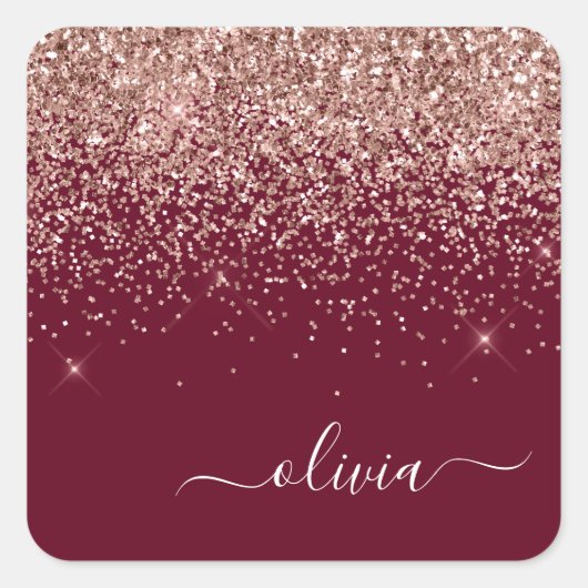 Rosa Rose Gold Glitzer Monogram Quadratischer Aufkleber (Vorderseite)