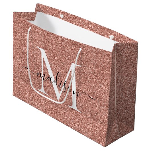 Rosa Rose Gold Glitzer Monogram Script Große Geschenktüte (Vorderseite Schrägansicht)