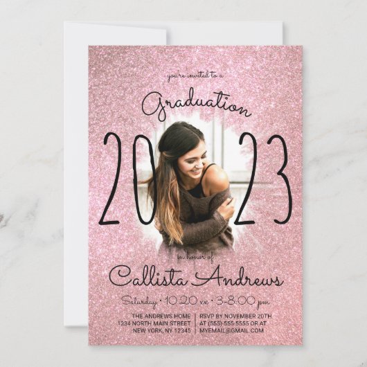 Rosa Rose Gold Glitzer Ombre Halo Foto Abschluss Einladung (Vorderseite)