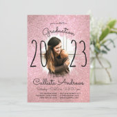 Rosa Rose Gold Glitzer Ombre Halo Foto Abschluss Einladung (Stehend Vorderseite)