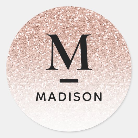 Rosa Rose Gold Glitzer Ombre Modern Monogram Name Runder Aufkleber (Vorderseite)